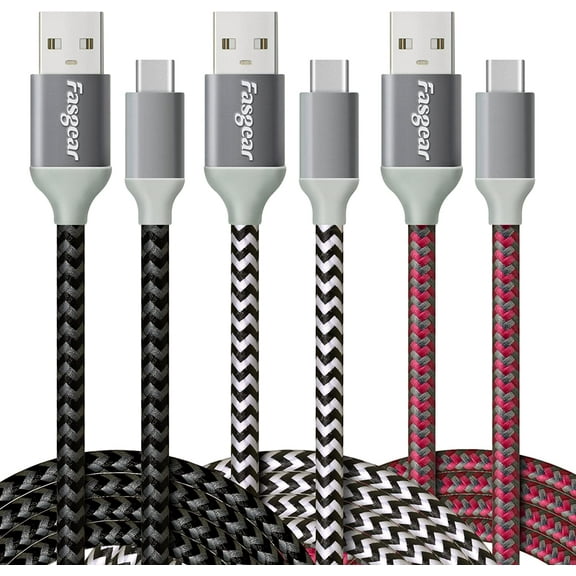 Fasgear USB C Cable 3 Pack 6ft 3A Fast Charging Nylon Braided USB 2.0 Type C Cord Compatible for Galaxy S22 S21 Ultra A51 A12, Note 10 9 8, USB C Charger, PS5 Controller 1.8m(Black,White,Rose)