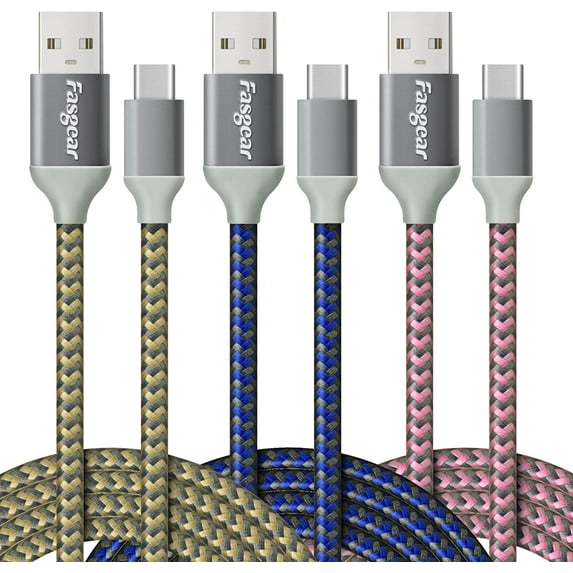 Fasgear USB C Cable 3 Pack 6ft 3A Fast Charging Nylon Braided USB 2.0 Type C Cord Compatible for Galaxy S22 S21 Ultra S10, Moto G Stylus, USB C Charger, PS5 Controller 1.8m(Blue,Pink,Gold)