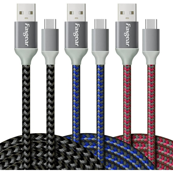 Fasgear USB to Type C Cable 10ft/3m,3 Pack Long USB to USB C Cable Nylon Braided Fast Charging Compatible with Galaxy Note 8 9 S8/S9/S10/S10+, LG V20/G6 and More (Black/Blue/Rose)