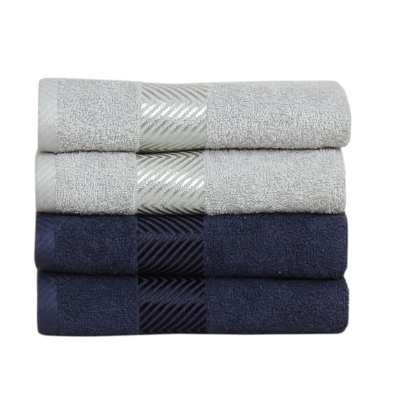 Fash Home International 100% Cotton Ultra Soft & Super Absorbent Antibacterial Hand Towel 500 Gsm (Navy Blue & Silver) - Pack Of 4