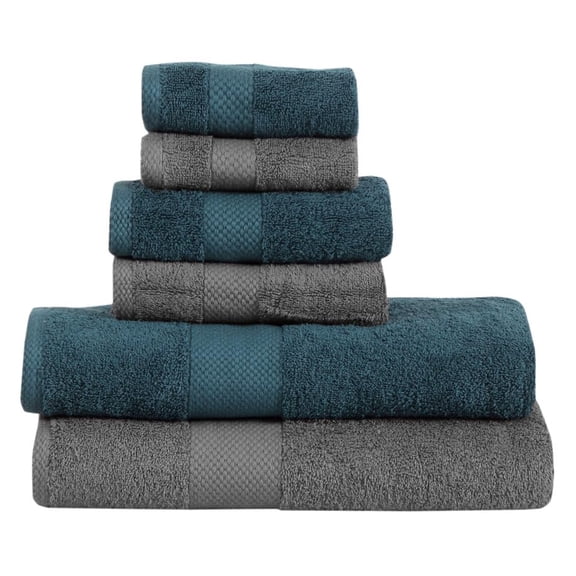 Fash Home International Micro Twist Towel 1800 Gsm Combo - 2 Bath + 2 Hand + 2 Face Towel (Peacock Blue & Charcoal Grey) - 6 Pcs