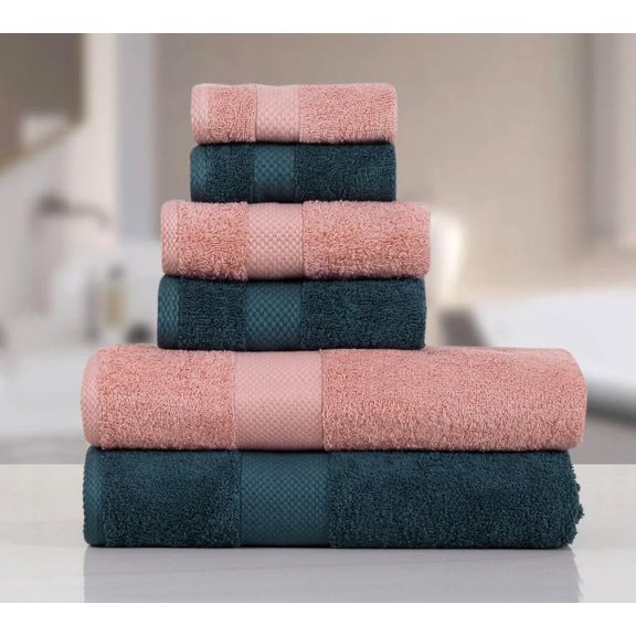 Fash Home International Micro Twist Towel 1800 Gsm Combo - 2 Bath + 2 Hand + 2 Face Towel (Peacock Blue & Pastel Peach) - 6 Pcs