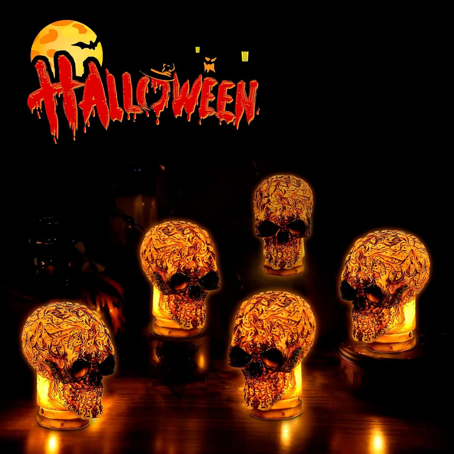 FashFlow 5PK Halloween Decorations Light Up Halloween Skull Timer