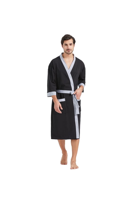 100% Cotton Knit Robe for Men Lightweight Summer Robes Thin Kimono Bathrobes Knee Length (Black/Grey,S/M)