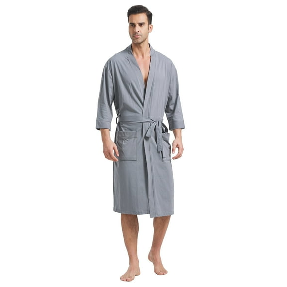 FashGudim 100% Cotton Knit Robe for Men Lightweight Summer Robes Thin Kimono Bathrobes Knee Length (Grey,6XL)