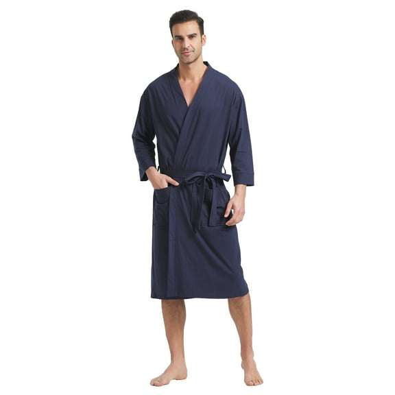 FashGudim 100% Cotton Knit Robe for Men Lightweight Summer Robes Thin Kimono Bathrobes Knee Length (Navy,6XL)