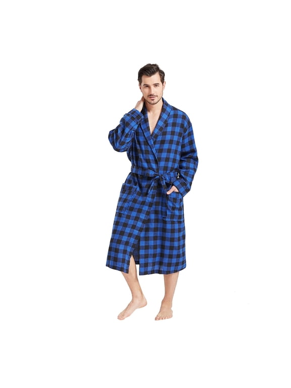 Mens Buffalo Plaid Robe Cotton Flannel Shawl Collar Bathrobe Lightweight Kimono Loungewear Sleepwear (Black & Blue, 6XL)