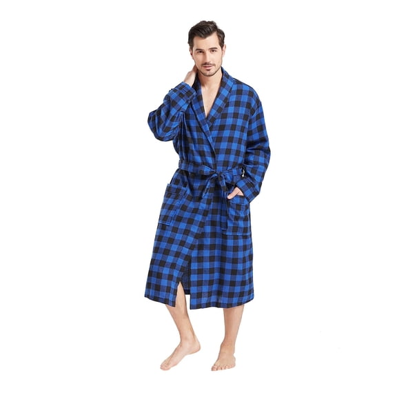 FashGudim Mens Buffalo Plaid Robe Cotton Flannel Shawl Collar Bathrobe Lightweight Kimono Loungewear Sleepwear (Black & Blue, S/M)