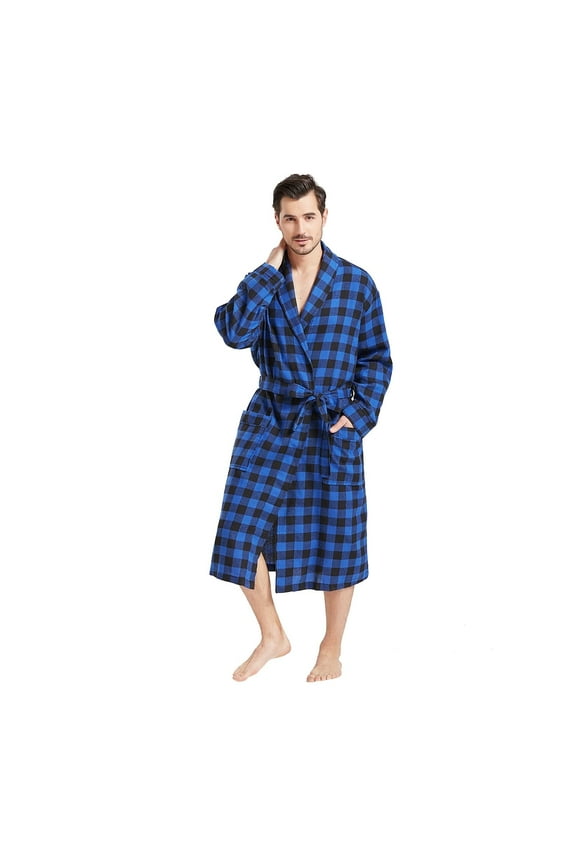 Mens Buffalo Plaid Robe Cotton Flannel Shawl Collar Bathrobe Lightweight Kimono Loungewear Sleepwear (Black & Blue, XXXL)