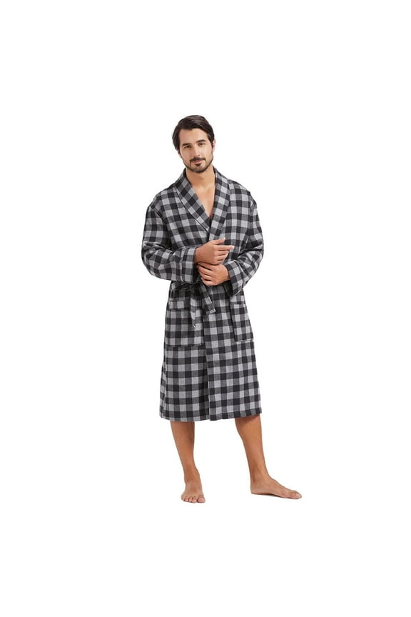 Mens Buffalo Plaid Robe Cotton Flannel Shawl Collar Bathrobe Lightweight Kimono Loungewear Sleepwear (Black & Grey, 4XL)