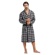 FashGudim Mens Buffalo Plaid Robe Cotton Flannel Shawl Collar Bathrobe Lightweight Kimono Loungewear Sleepwear Black & Grey, 4XL