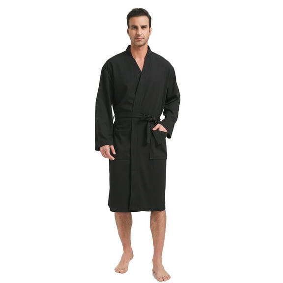 FashGudim Mens Lightweight Waffle Knit Robe Soft Kimono Spa Bathrobes Knee Length Summer Robes (Black,XXL)