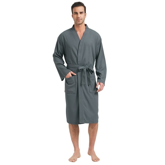 FashGudim Mens Lightweight Waffle Knit Robe Soft Kimono Spa Bathrobes Knee Length Summer Robes (Light Grey,5XL)