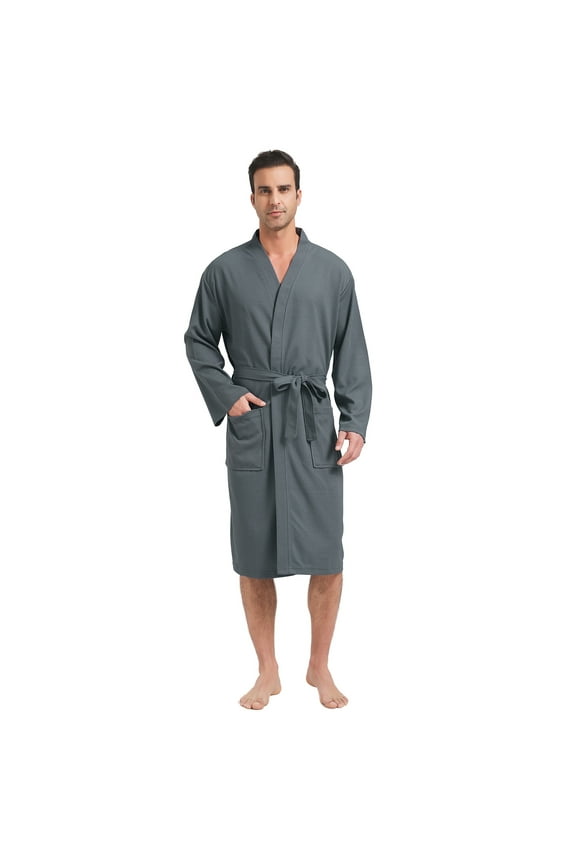 Mens Lightweight Waffle Knit Robe Soft Kimono Spa Bathrobes Knee Length Summer Robes (Light Grey,XXL)
