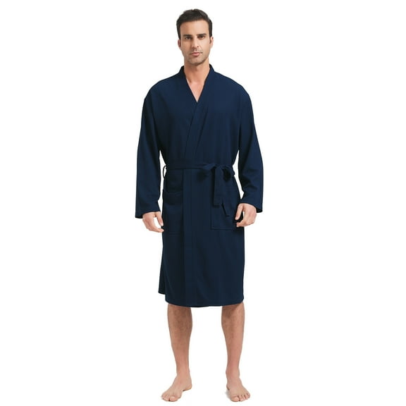 FashGudim Mens Lightweight Waffle Knit Robe Soft Kimono Spa Bathrobes Knee Length Summer Robes (Navy,6XL)