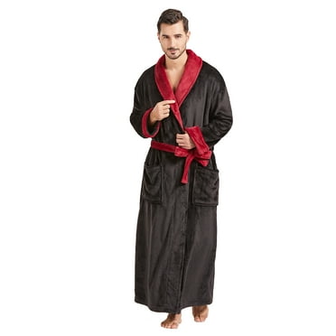 FashGudim Mens Robes Big and Tall Full Length Shawl Collar Long Plush Robe (Black/Burgundy,S/M)