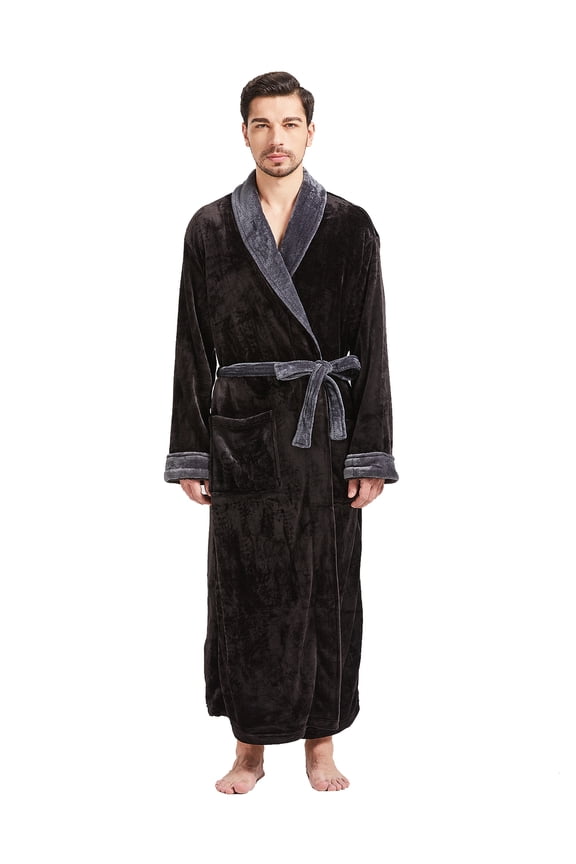 Mens Robes Big and Tall Full Length Shawl Collar Long Plush Robe (Black/Grey,6XL)
