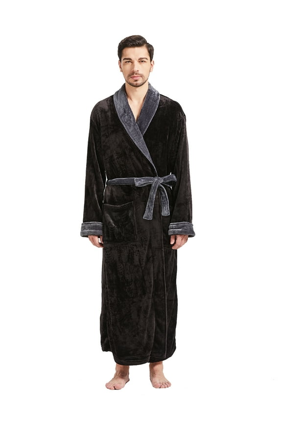 Mens Robes Big and Tall Full Length Shawl Collar Long Plush Robe (Black/Grey,7XL)