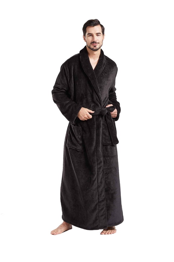 Mens Robes Big and Tall Full Length Shawl Collar Long Plush Robe (Black,S/M)