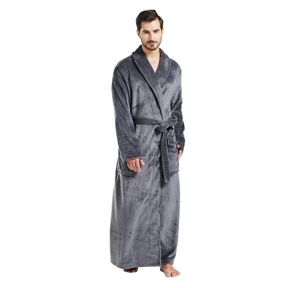 FashGudim Mens Robes Big and Tall Full Length Shawl Collar Long Plush Robe (Grey,L/XL)