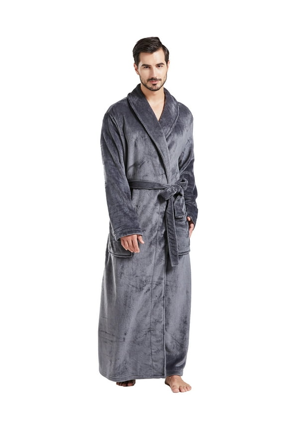 Mens Robes Big and Tall Full Length Shawl Collar Long Plush Robe (Grey,S/M)