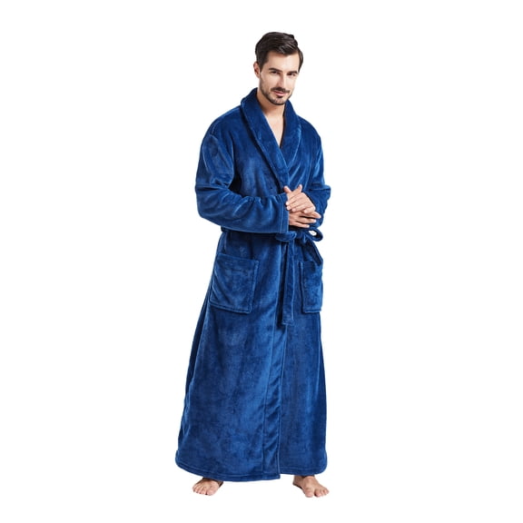 FashGudim Mens Robes Big and Tall Full Length Shawl Collar Long Plush Robe (Navy,L/XL)