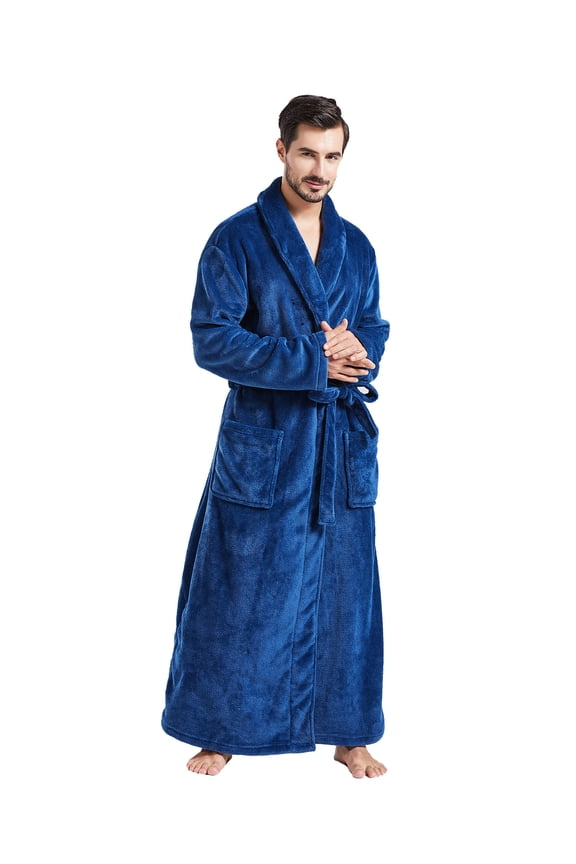 Mens Robes Big and Tall Full Length Shawl Collar Long Plush Robe (Navy,XXL)