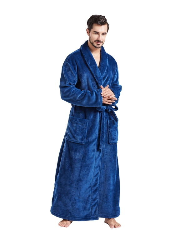Mens Robes Big and Tall Full Length Shawl Collar Long Plush Robe (Navy,XXXL)