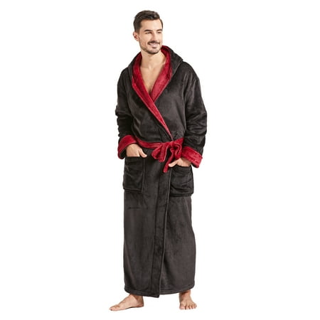 FashGudim Mens Robes Big and Tall with Hood Full Length Plush Long Robe Fleece Bathrobe(Black & Burgundy, S/M)