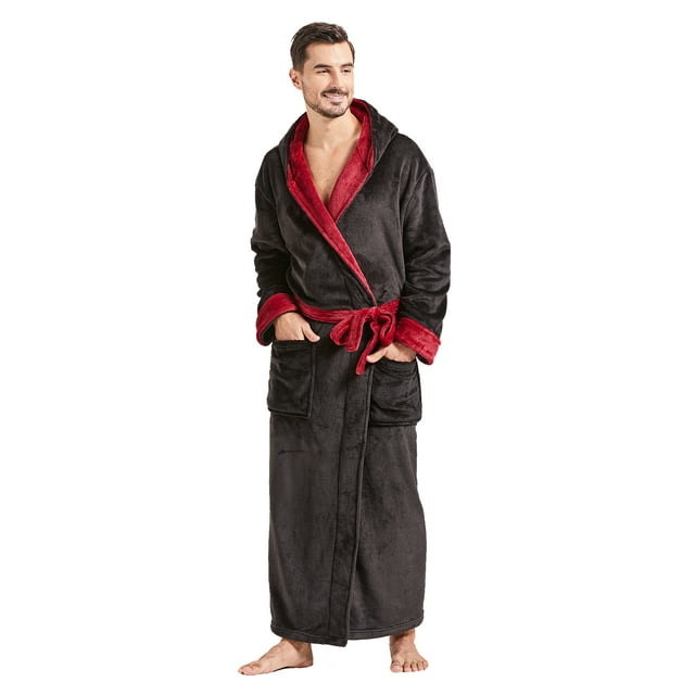 FashGudim Mens Robes Big and Tall with Hood Full Length Plush Long Robe Fleece Bathrobe(Black