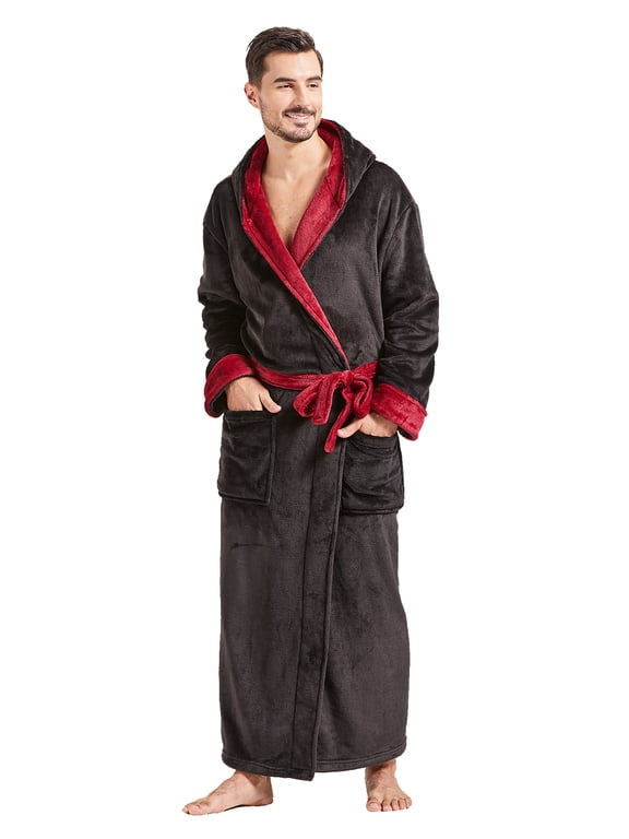 Mens Robes Big and Tall with Hood Full Length Plush Long Robe Fleece Bathrobe(Black & Burgundy, XXXL)