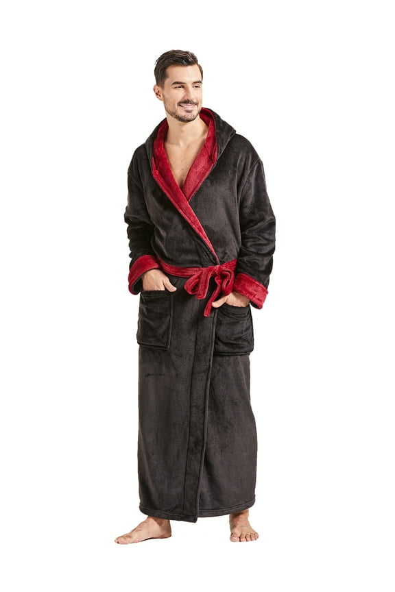 Mens Robes Big and Tall with Hood Full Length Plush Long Robe Fleece Bathrobe(Black & Burgundy, XXXL)