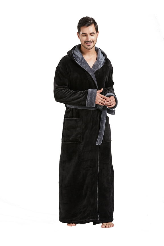 Mens Robes Big and Tall with Hood Full Length Plush Long Robe Fleece Bathrobe(Black & Grey, 5XL)