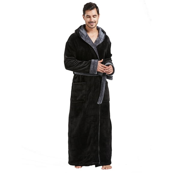 FashGudim Mens Robes Big and Tall with Hood Full Length Plush Long Robe Fleece Bathrobe(Black & Grey, 7XL)