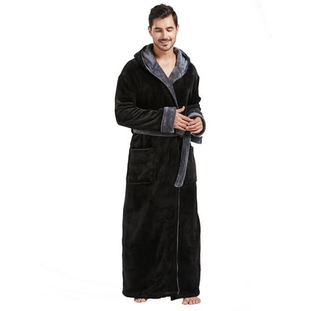 FashGudim Mens Robes Big and Tall with Hood Full Length Plush Long Robe Fleece Bathrobe(Black & Grey, XXXL)