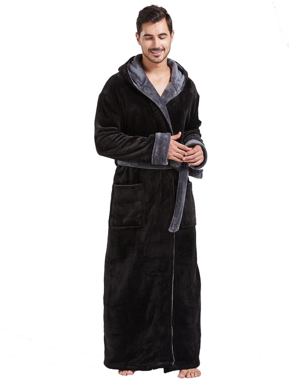Mens Robes Big and Tall with Hood Full Length Plush Long Robe Fleece Bathrobe(Black & Grey, XXXL)