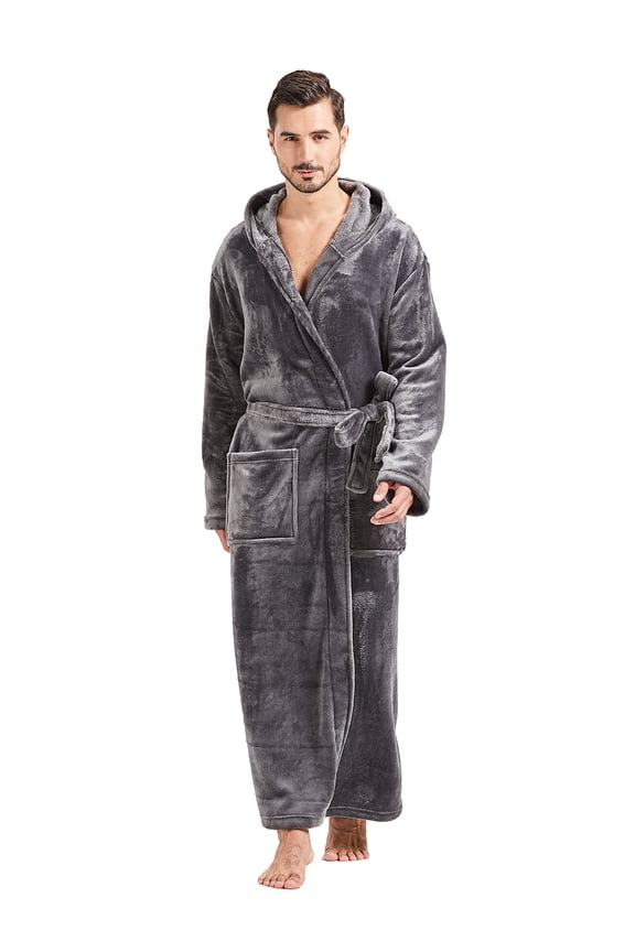 Mens Robes Big and Tall with Hood Full Length Plush Long Robe Fleece Bathrobe(Grey, 4XL)