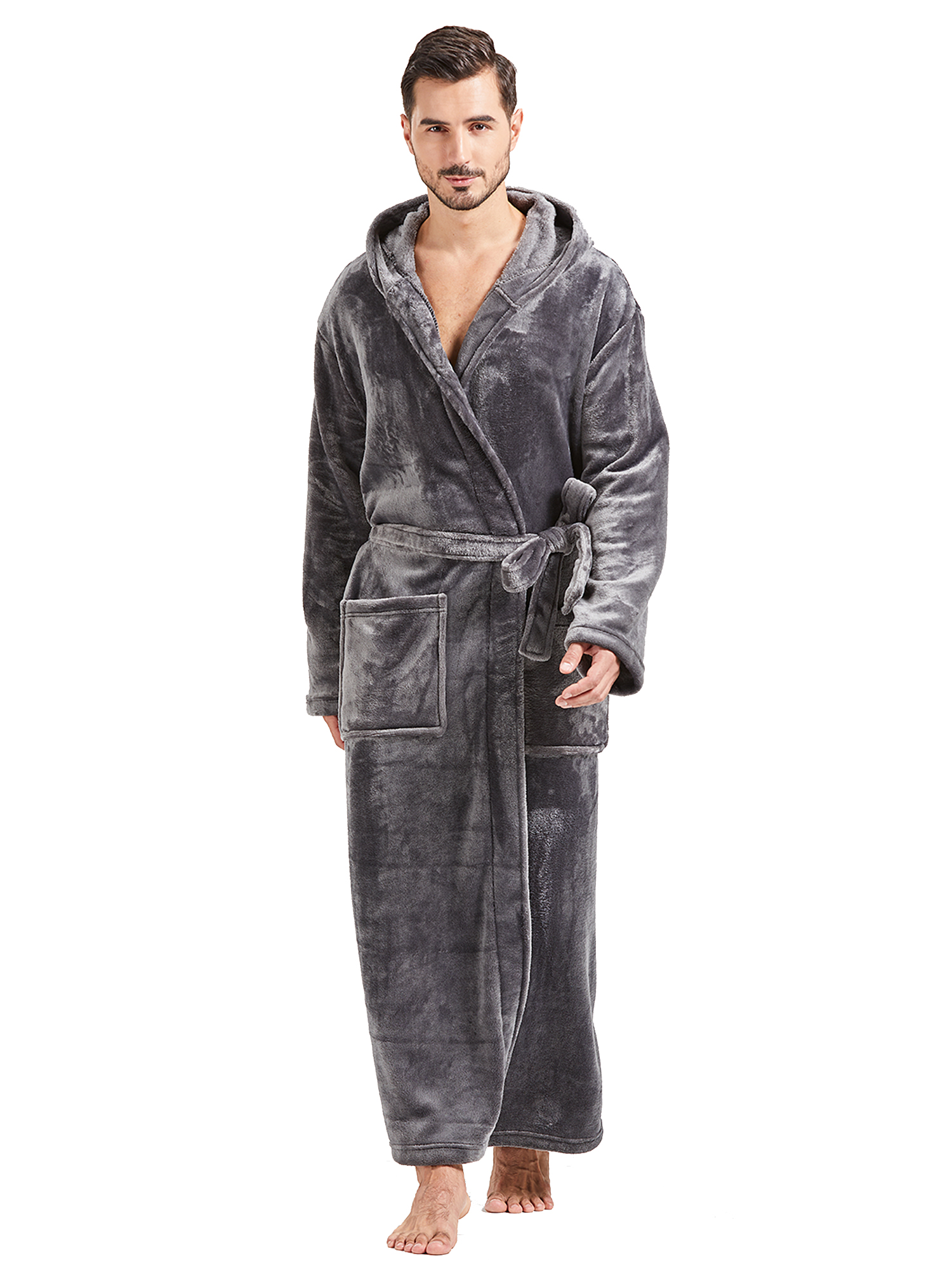 FashGudim Accappatoio Uomo Con Cappuccio In Pile Flanella, Kimono Con Tasche E Cintura, Morbido E Caldo, Taglia M