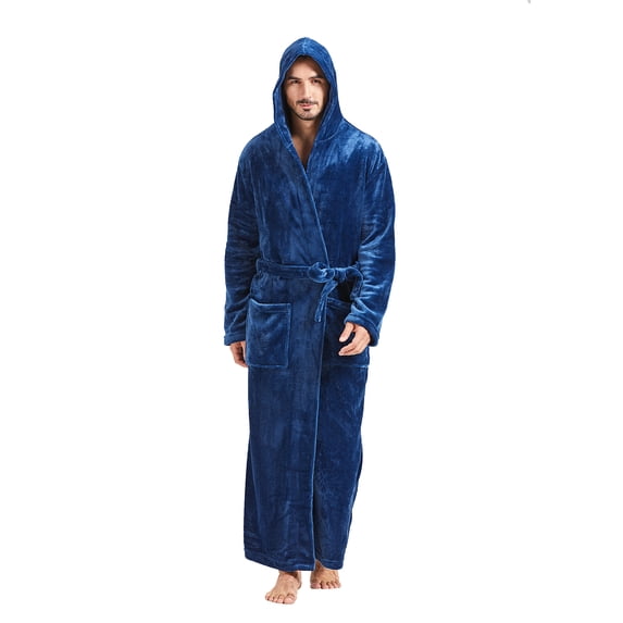 FashGudim Mens Robes Big and Tall with Hood Full Length Plush Long Robe Fleece Bathrobe(Navy, 5XL)