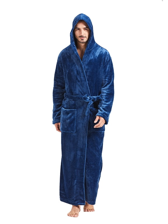 Mens Robes Big and Tall with Hood Full Length Plush Long Robe Fleece Bathrobe(Navy, 5XL)