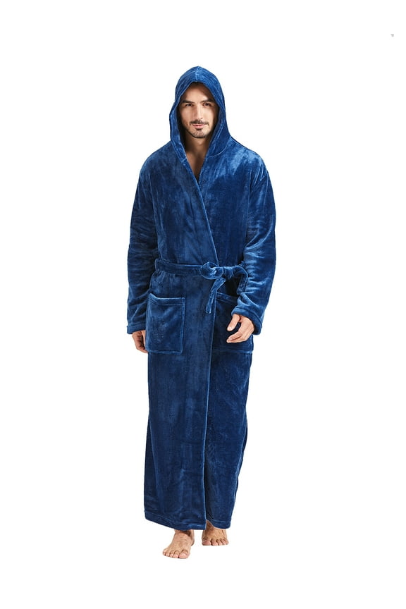 Mens Robes Big and Tall with Hood Full Length Plush Long Robe Fleece Bathrobe(Navy, S/M)