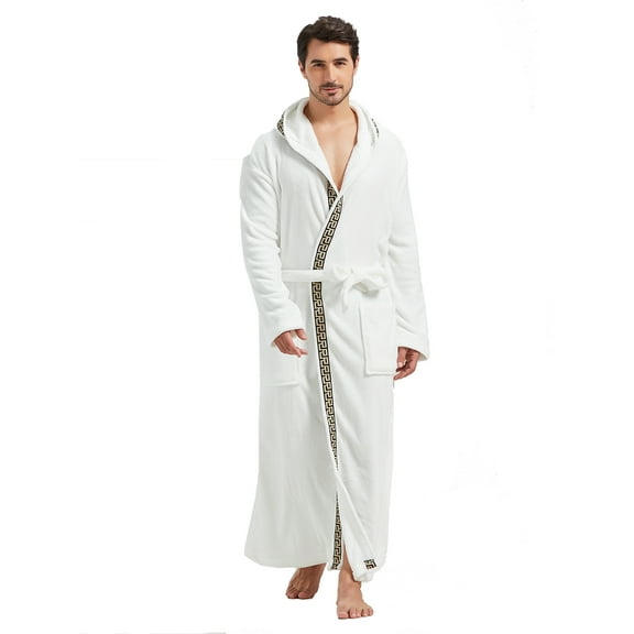FashGudim Mens Robes Big and Tall with Hood Full Length Plush Long Robe Fleece Bathrobe(White & Black Trim, L/XL)