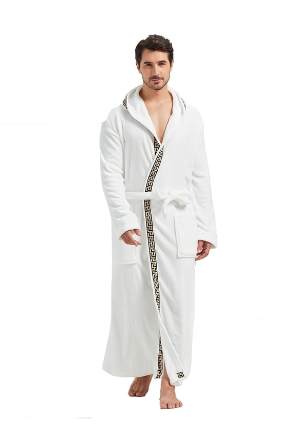 Mens Robes Big and Tall with Hood Full Length Plush Long Robe Fleece Bathrobe(White & Black Trim, L/XL)