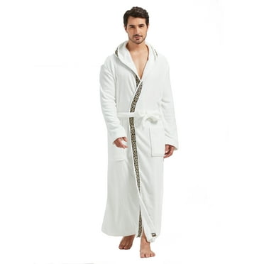 FashGudim Mens Robes Big and Tall with Hood Full Length Plush Long Robe Fleece Bathrobe(White & Black Trim, S/M)