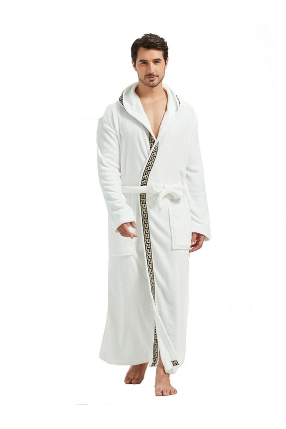 Mens Robes Big and Tall with Hood Full Length Plush Long Robe Fleece Bathrobe(White & Black Trim, XXXL)