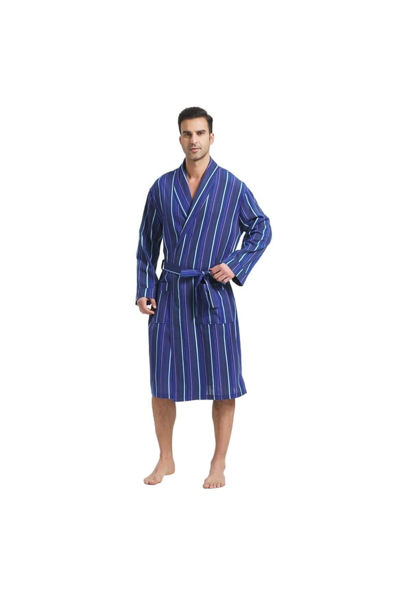 Mens Stripe Robe Cotton Flannel Shawl Collar Bathrobe Lightweight Kimono Loungewear Sleepwear (Blue Stripe, 6XL)