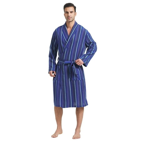FashGudim Mens Stripe Robe Cotton Flannel Shawl Collar Bathrobe Lightweight Kimono Loungewear Sleepwear (Blue Stripe, S/M)