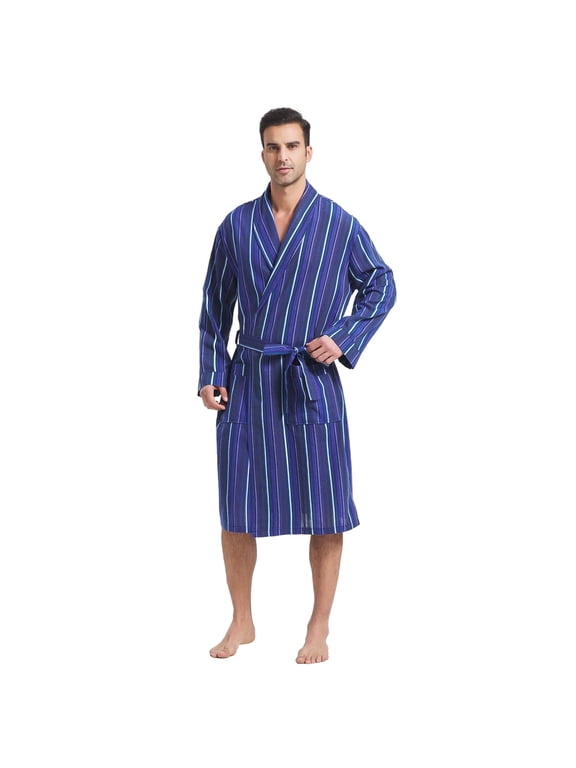Mens Stripe Robe Cotton Flannel Shawl Collar Bathrobe Lightweight Kimono Loungewear Sleepwear (Blue Stripe, XXXL)