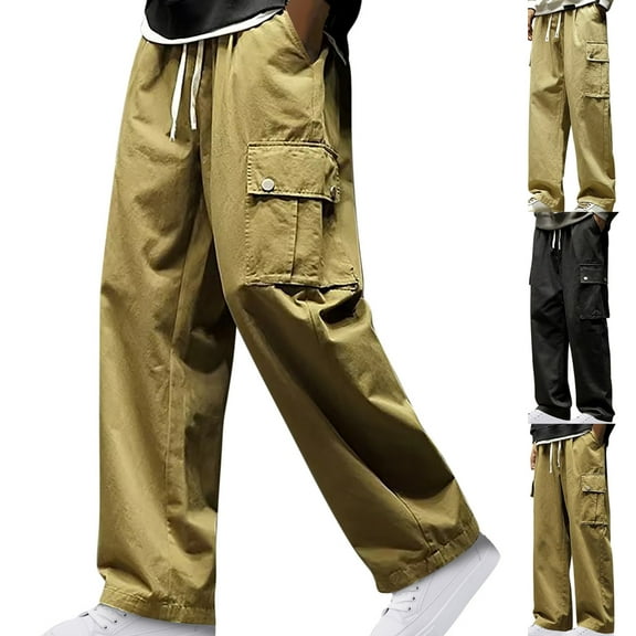 Fashin Cargo Pants for Mens Elastic Waist Casual Plus Size Drawstring Elastic Waist Multi-Pocket Casual Sweat Length Pants Black Deal