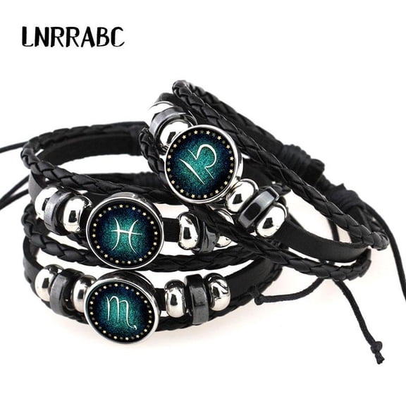 Fashion 12 Constellations Leather Zodiac Sign with beads Bangle Bracelets For Men Boys Pack of 5